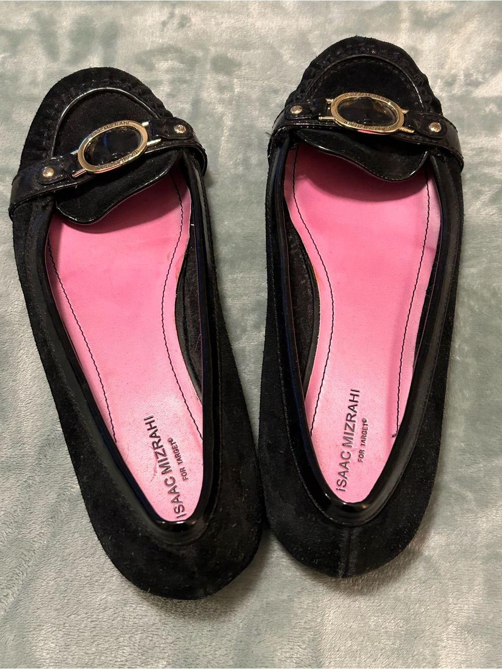Isaac Mizrahi Black Suede Flats with Pink Insole and Gold Buckle Size 11